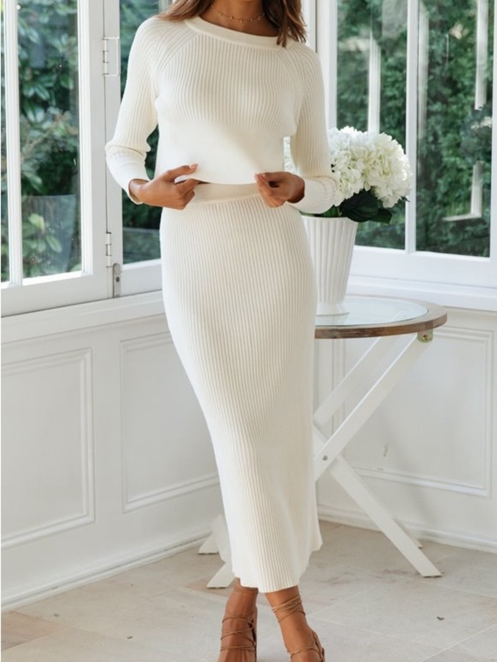 White Ribbed Sweater Set - Top & Midi Skirt